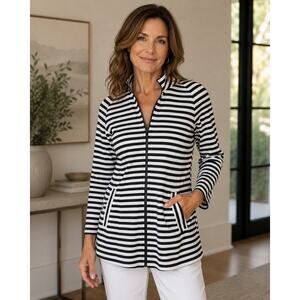 Cabi Womans Small Byline Striped Knit Duster Jacket Black White Zip